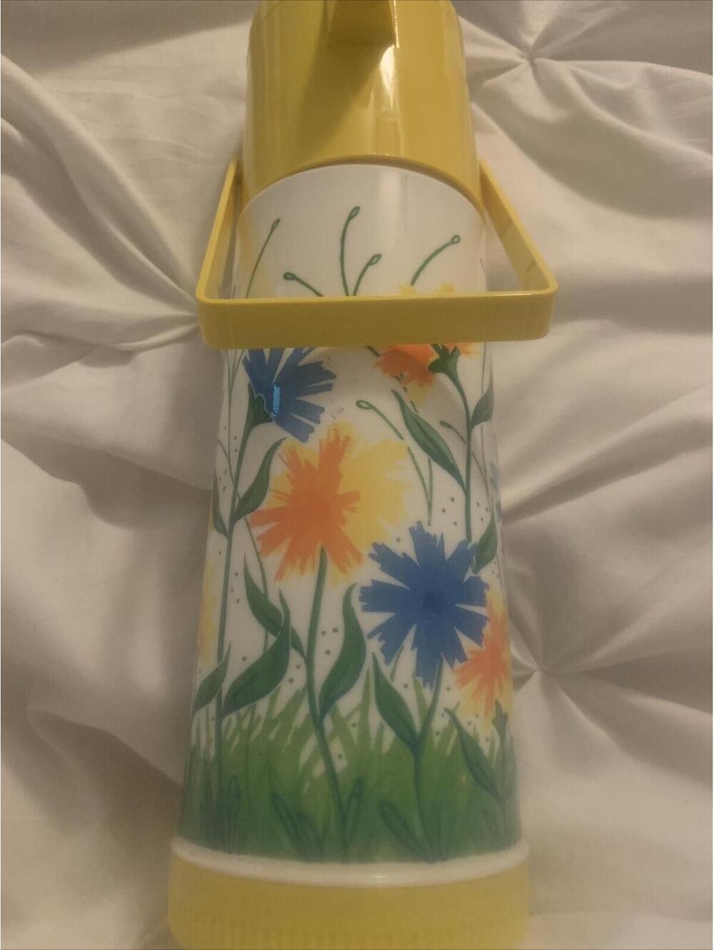 Vintage Aladdin Pump A Drink Hot Cold Thermos Floral Yellow 1 Qt Flowers ~ CUTE!